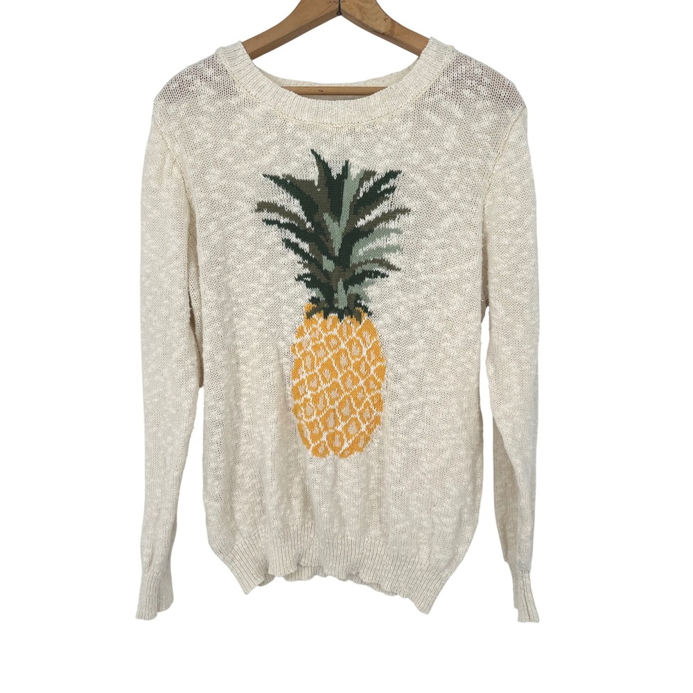 Sugarhill Boutique Sweater Women 14 Cream Pineapple Knit Graphic Pullover Beachy